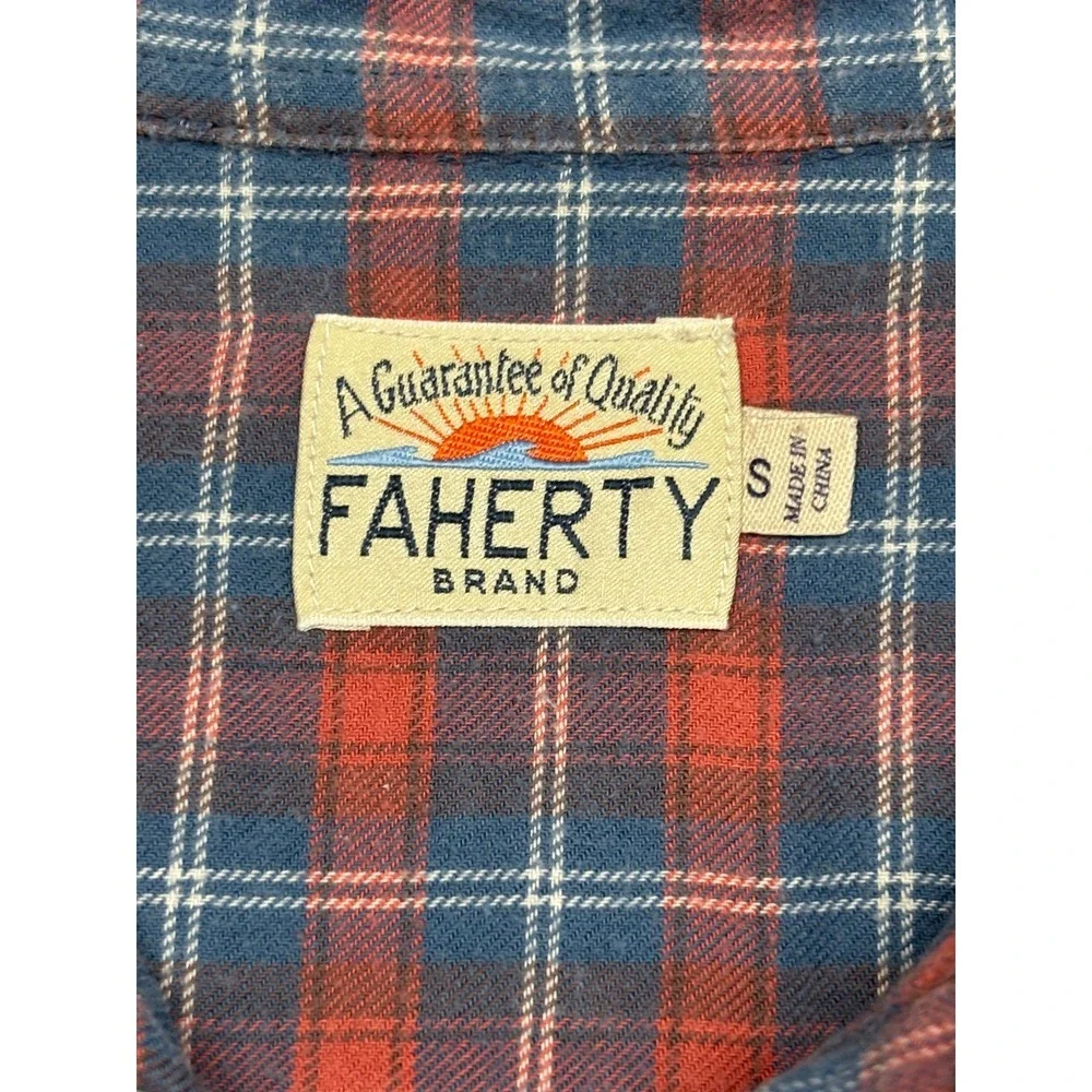 Faherty Brand Mens Small Red Blue Plaid Cotton Flannel Long Sleeve Button Shirt - Picture 6 of 8